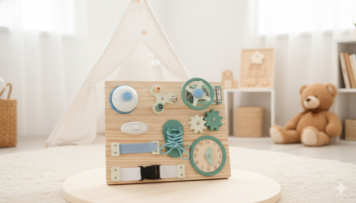 Tableau d’activités Montessori en bois – Éveil et coordination