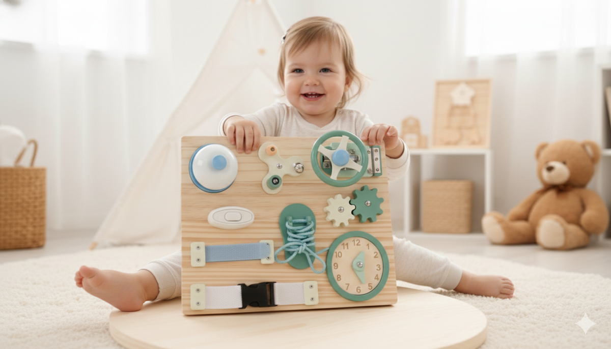 Tableau d’activités Montessori en bois – Éveil et coordination