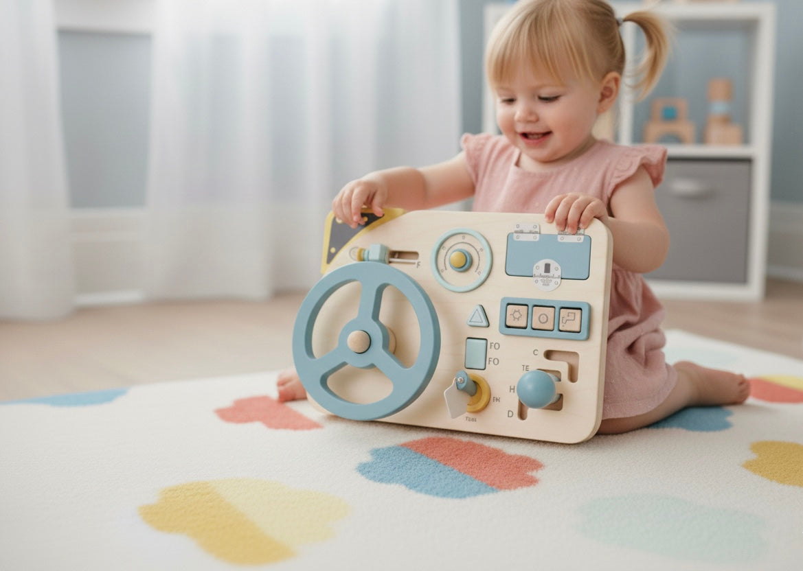Tableau d’activités Montessori en bois – Éveil et motricité fine