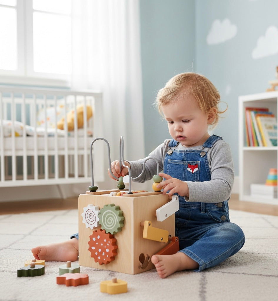 Cube d’activités Montessori en bois – Éveil et motricité fine