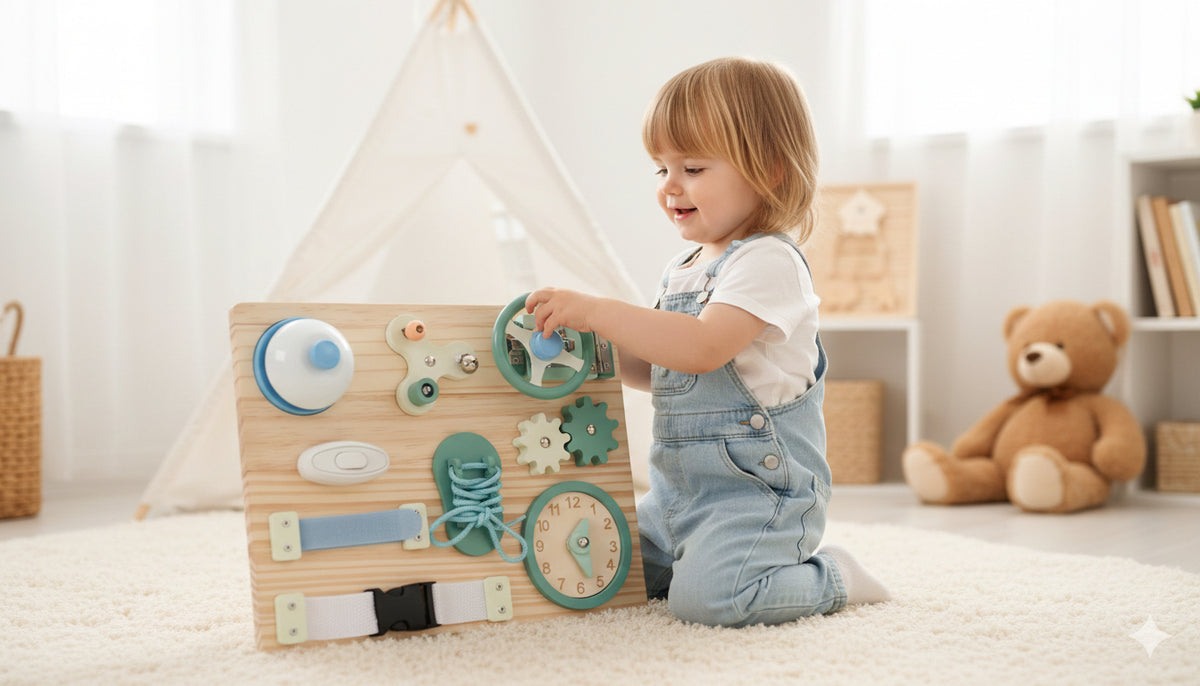 Tableau d’activités Montessori en bois – Éveil et coordination
